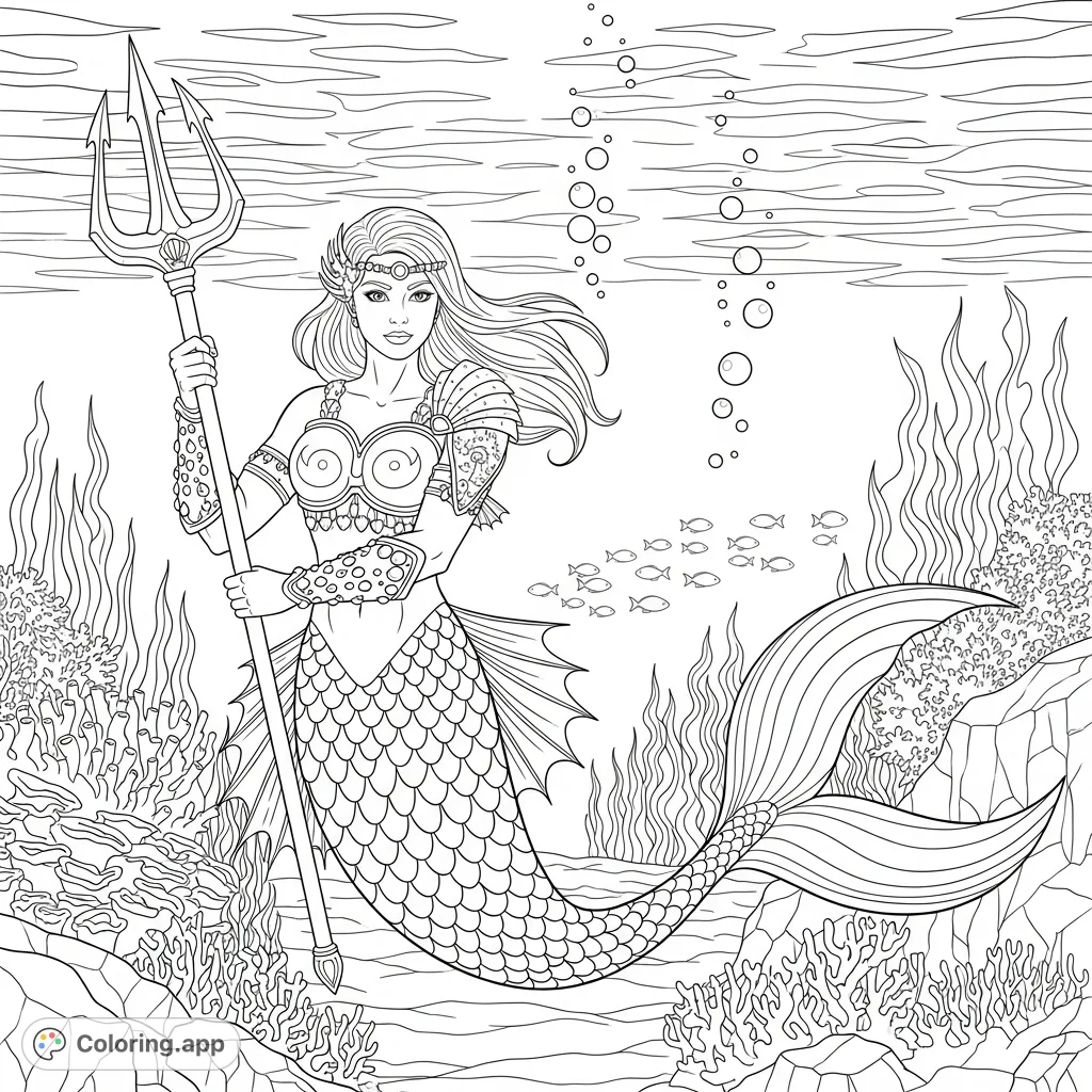 Dive into an aquatic adventure! A valiant warrior mermaid, complete with intricate scales and a mighty trident, guards her underwater realm amidst coral and fish.