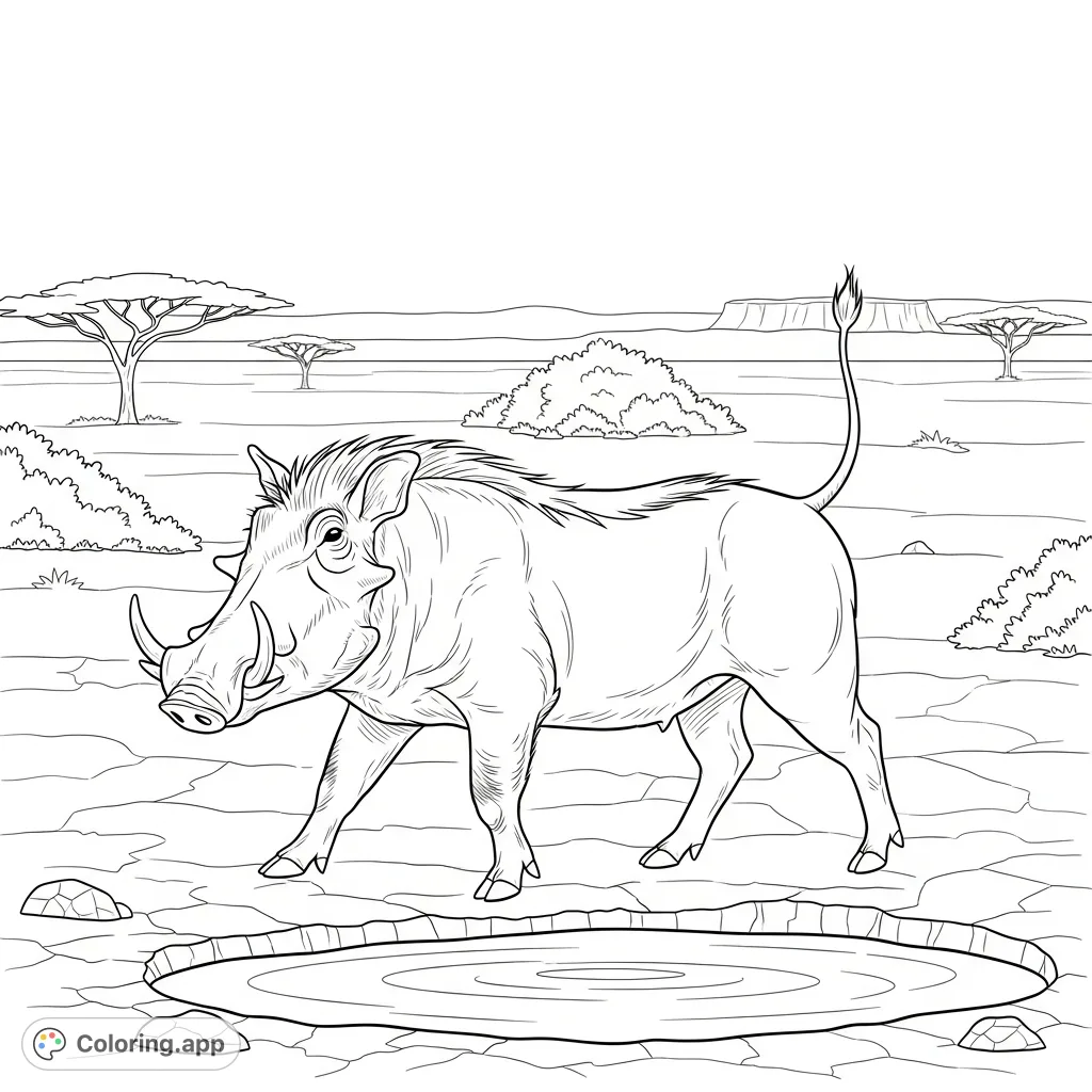 A detailed warthog trots beside a small watering hole, complete with its iconic tusks and bristly mane, set against a savanna backdrop with sparse vegetation.