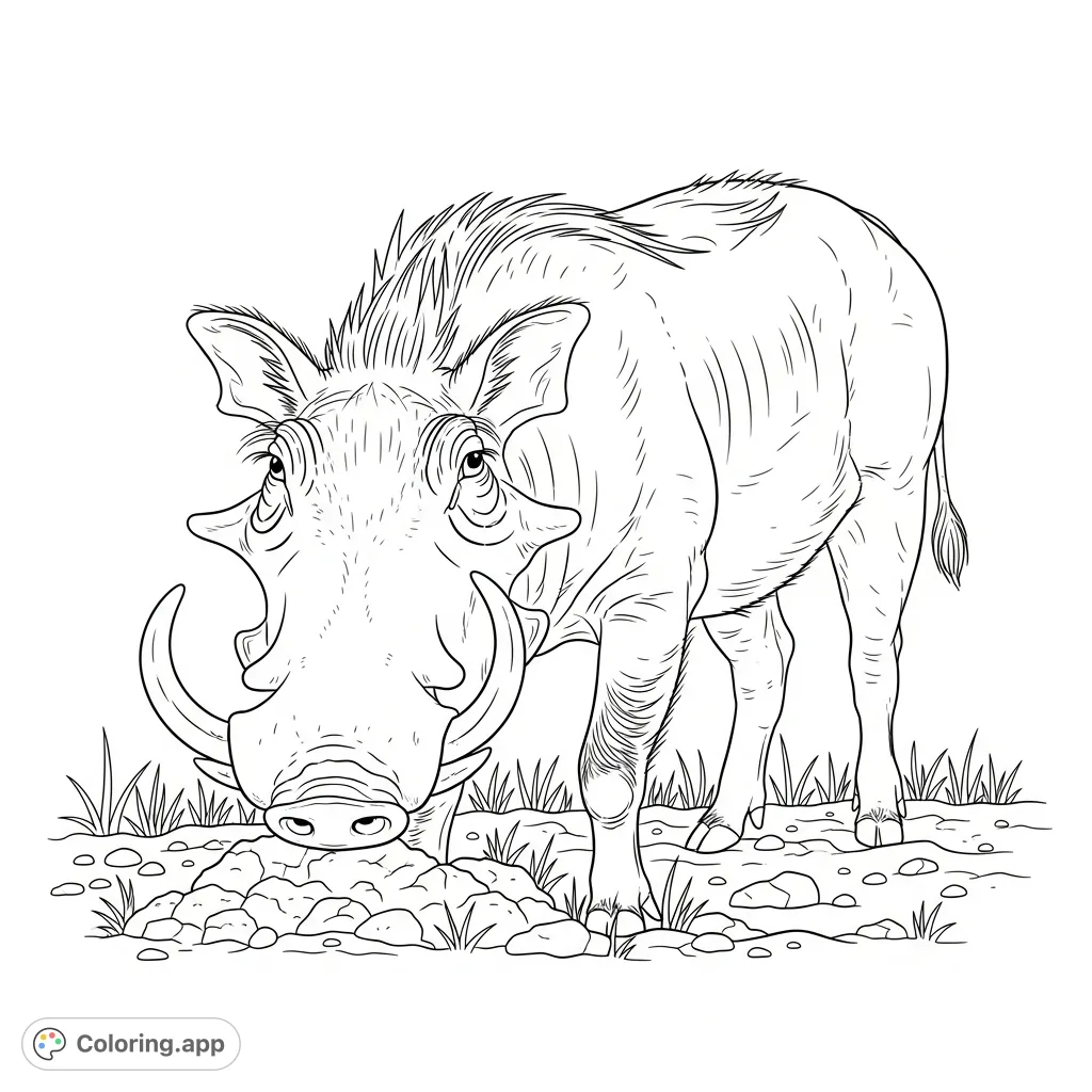 A detailed warthog with prominent tusks and warts, actively rooting in a patch of dirt. Surrounding elements include stones and sparse grass.