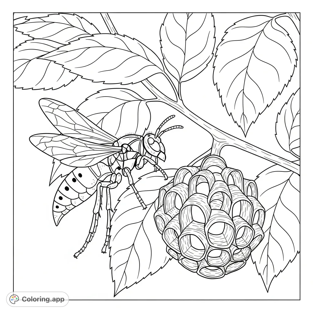 A detailed coloring page featuring a wasp in mid-flight near its intricate paper nest, nestled among lush plant foliage.
