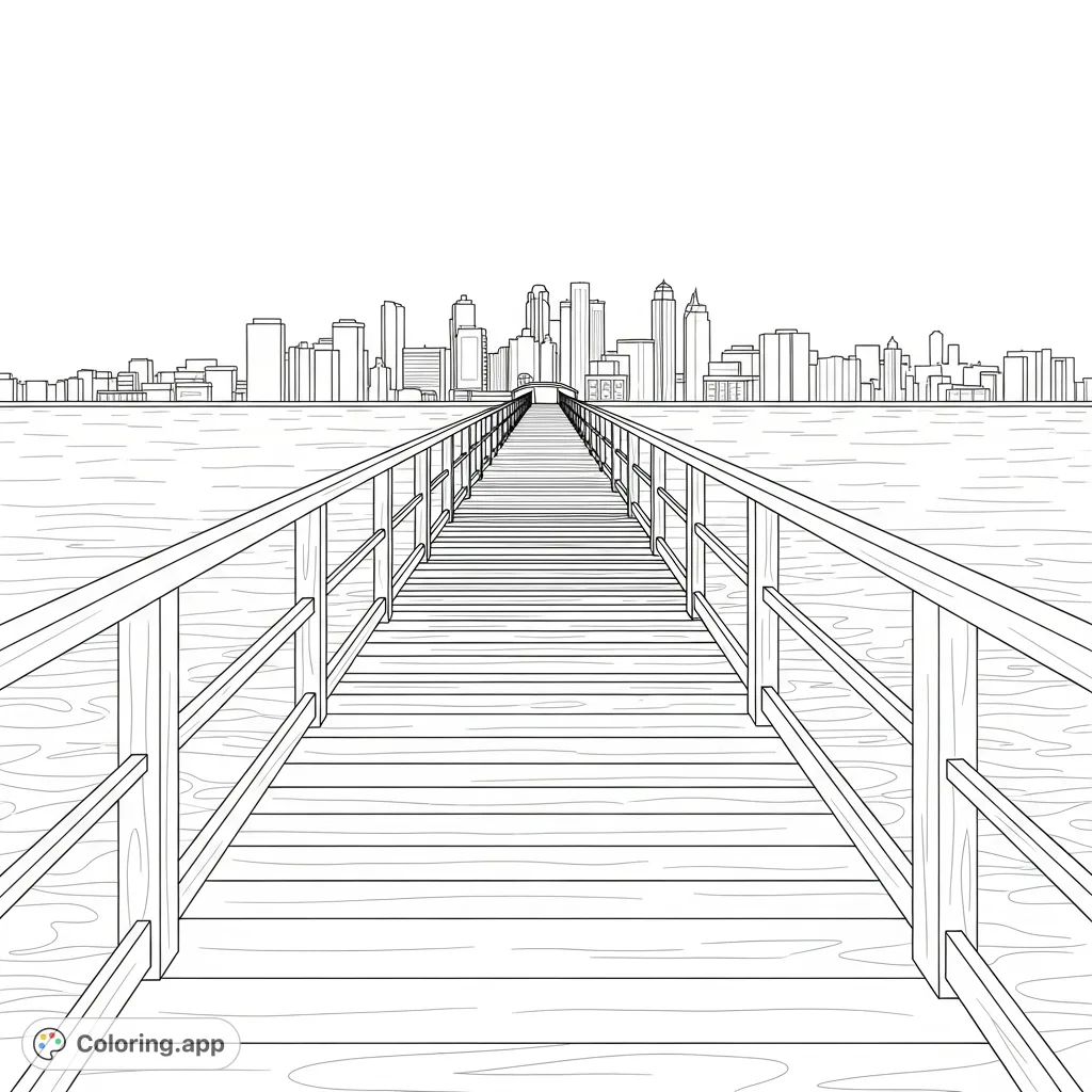 A detailed coloring page featuring a tranquil waterfront pier with wooden planks and railings, leading the eye towards a distant, intricate city skyline.