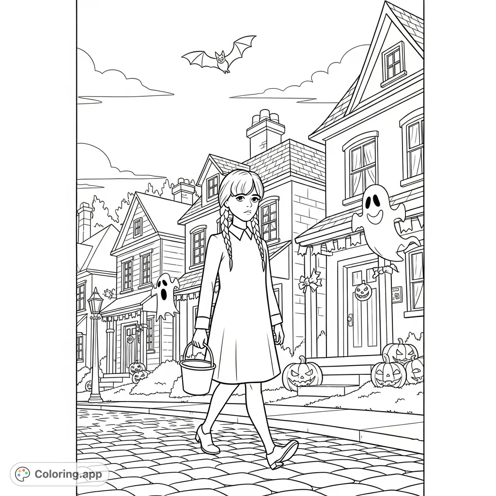 Join Wednesday Addams on a spooky Halloween street, complete with festive decorations, a friendly ghost, and a bat against the twilight sky.