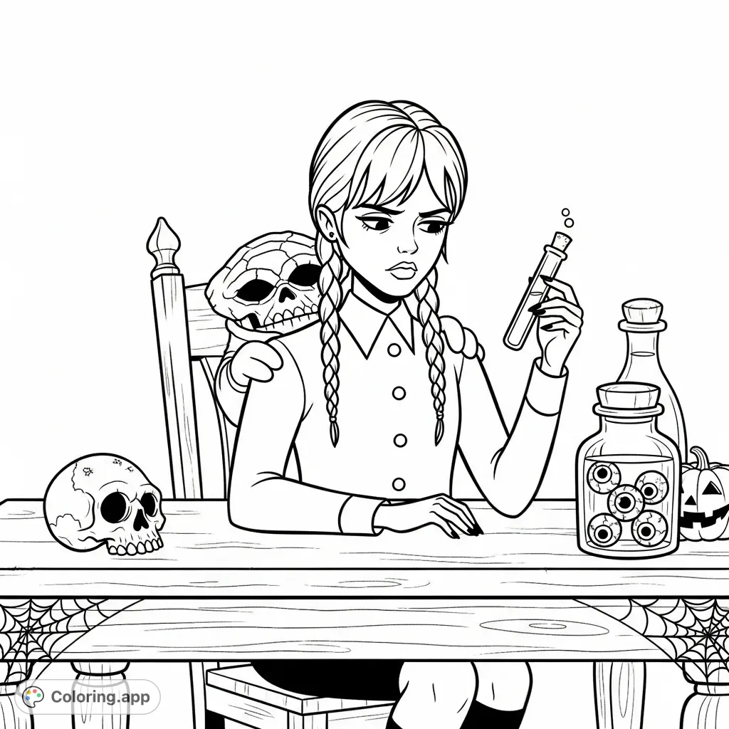 Join Wednesday Addams and Thing at a macabre table, surrounded by skulls, eyeballs, and spiderwebs. A unique Wednesday Addams coloring page for fans.