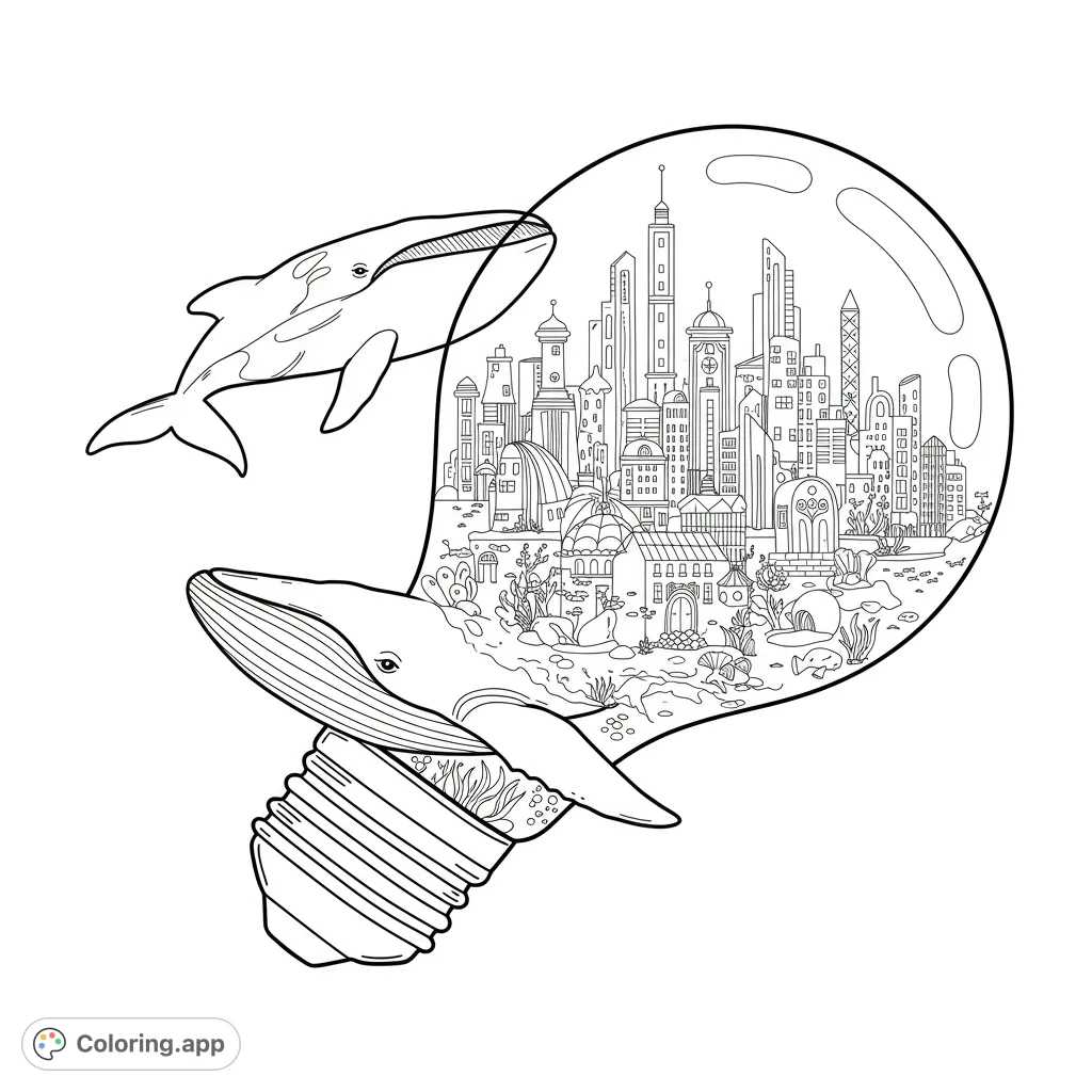 Dive into a surreal world! A majestic whale holds an intricate fantasy city within a lightbulb, with another whale swimming nearby. A unique scene.