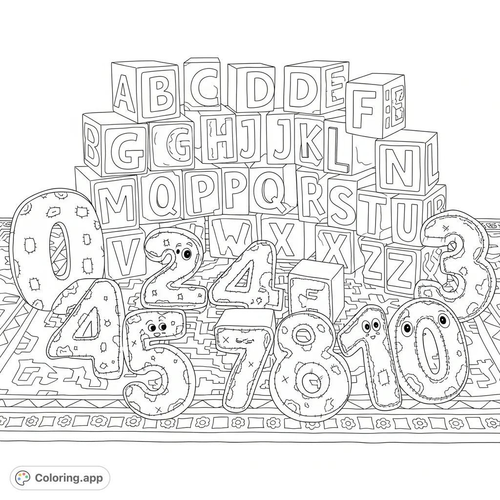 A charming scene featuring whimsical block letters of the alphabet and friendly, oversized plush numbers 0-10, all playfully arranged on a soft, patterned rug. Perfect for learning and fun!