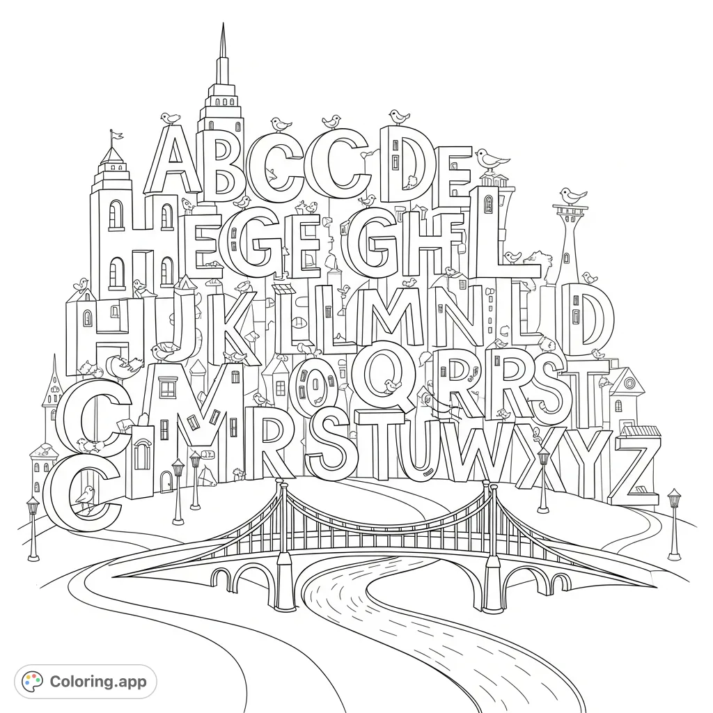 Explore a unique, whimsical cityscape crafted entirely from the alphabet. Letters transform into buildings, bridges, and more, offering a delightful coloring adventure.