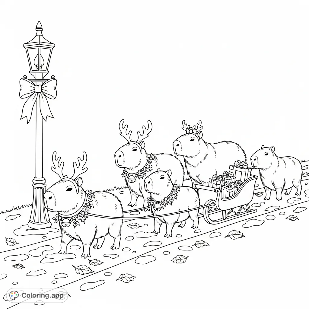 Join a whimsical procession of five capybaras on a snowy, leaf-strewn path. They pull a sleigh of gifts and wear festive accessories like antlers and jingle bells!
