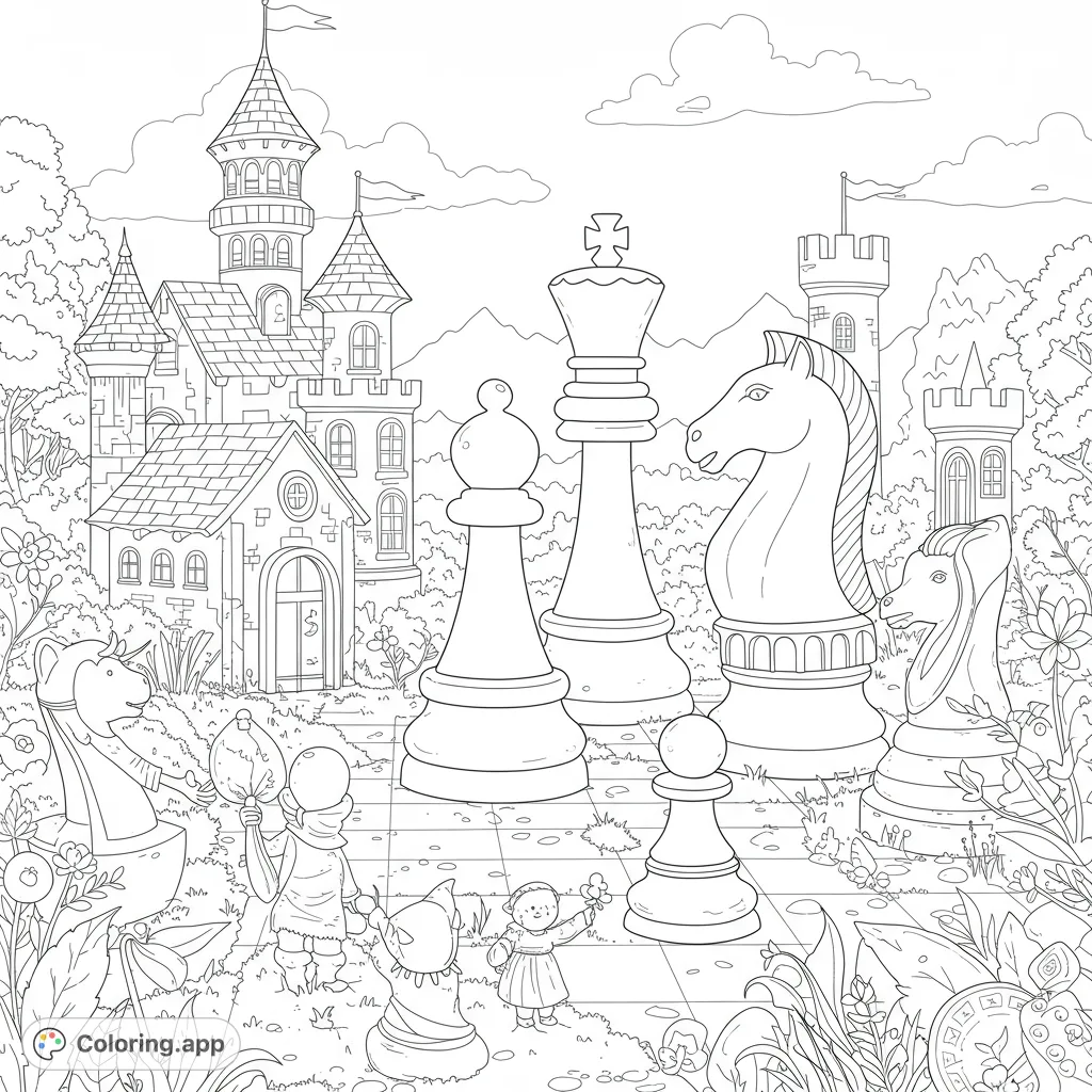 Enter a magical chess kingdom! Giant pieces stand among castles and whimsical characters in a detailed fantasy landscape. A free printable coloring page.