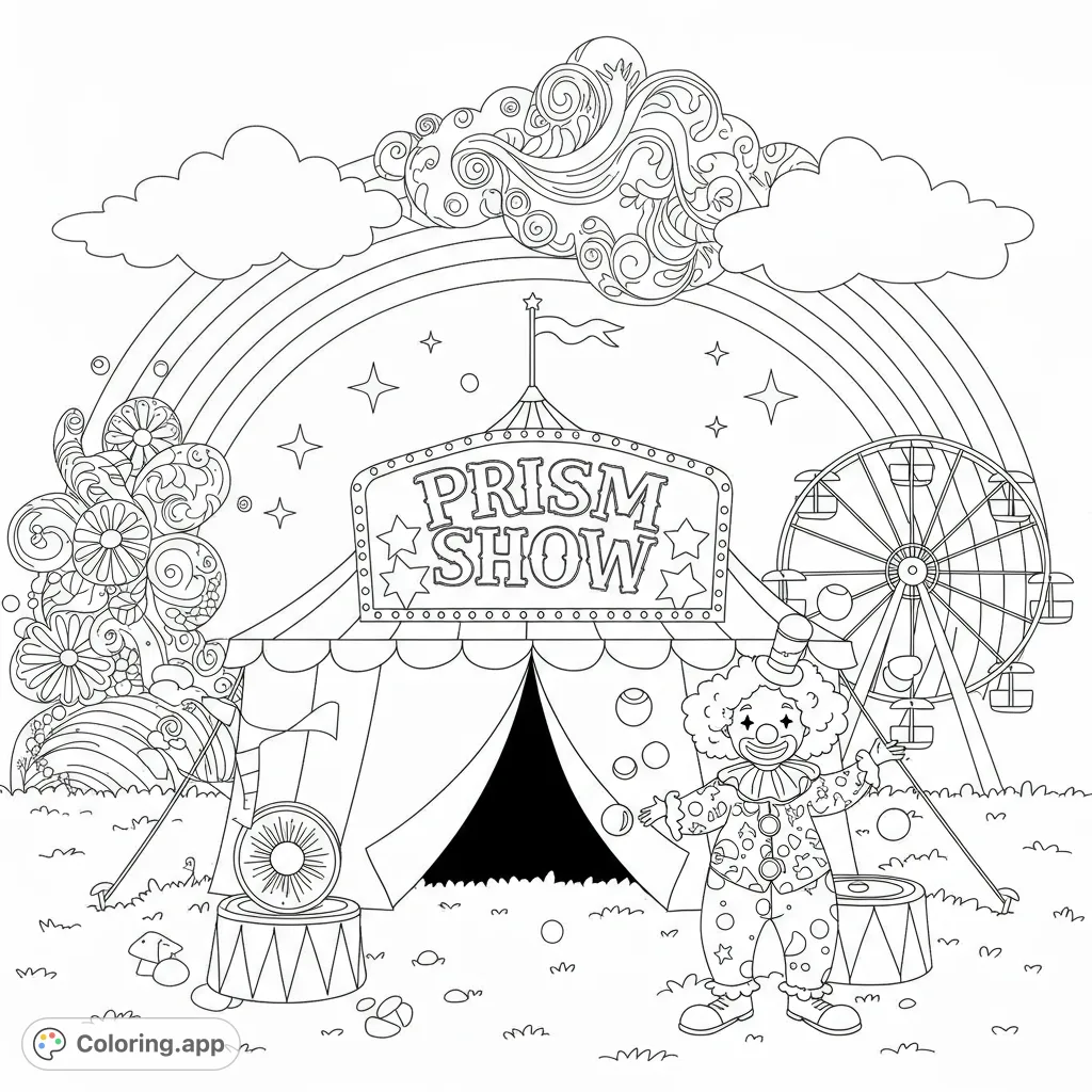 Step right up to this delightful circus carnival coloring page! Featuring a cheerful clown, grand big top, and Ferris wheel under a vibrant rainbow.