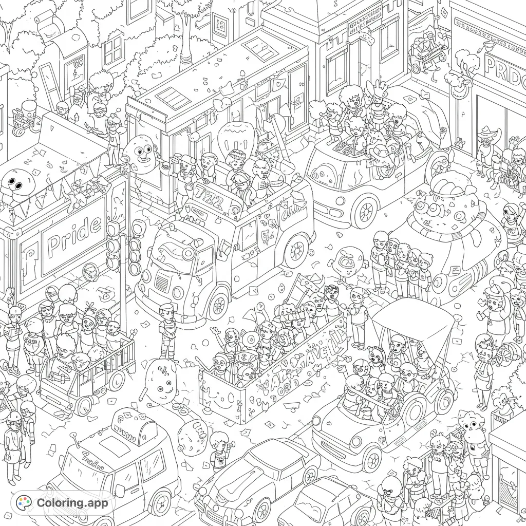 A vibrant, detailed city parade coloring page featuring a diverse crowd, whimsical characters, and festive vehicles, perfect for all ages.