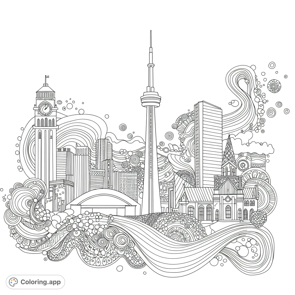 Explore a whimsical cityscape featuring iconic landmarks intertwined with intricate, flowing abstract patterns. A unique urban fantasy coloring adventure.