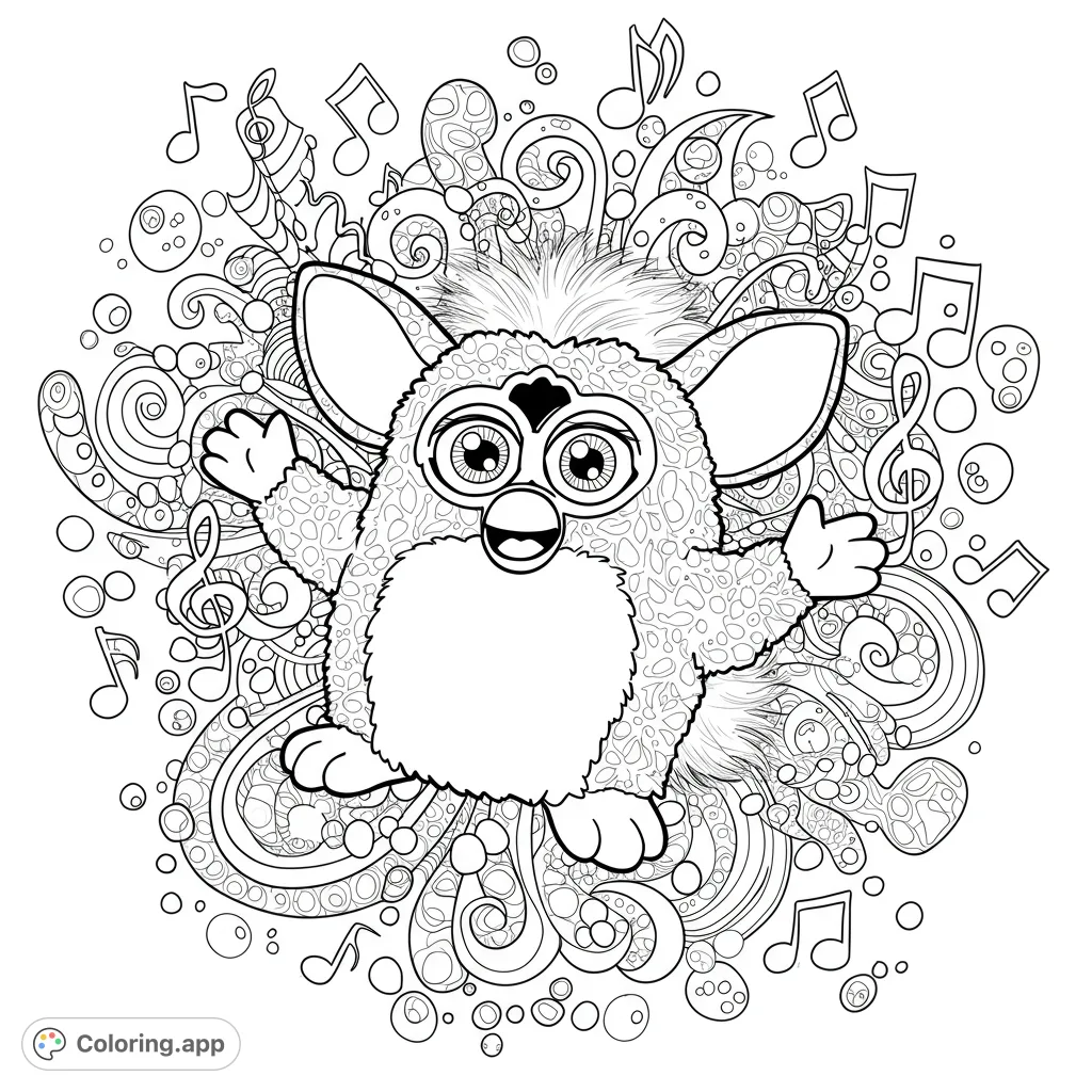 A delightful creature surrounded by musical notes and whimsical swirls. A free printable coloring page for kids and adults, perfect for creative expression.