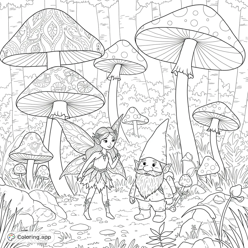 Explore a magical forest with a graceful fairy and a friendly gnome amidst whimsical, patterned mushrooms. A delightful fantasy adventure.