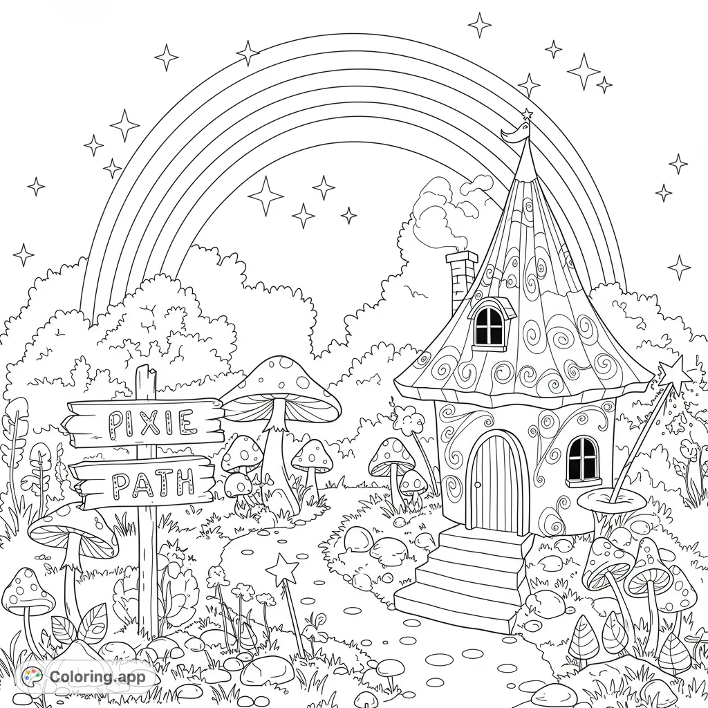 Explore a magical fairy house with a rainbow, pixie path sign, and whimsical mushrooms. A delightful free printable coloring page for enchanting fun!