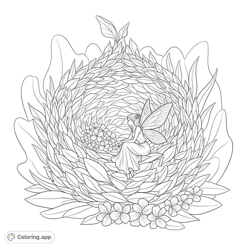 An enchanting fairy gracefully rests in a delicate nest woven from soft petals, surrounded by whimsical garden elements, inviting imaginative coloring.