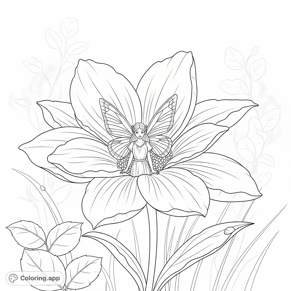 A charming coloring page featuring a delicate fairy peeking out from a large, blooming flower amidst a magical garden setting, perfect for imaginative minds.