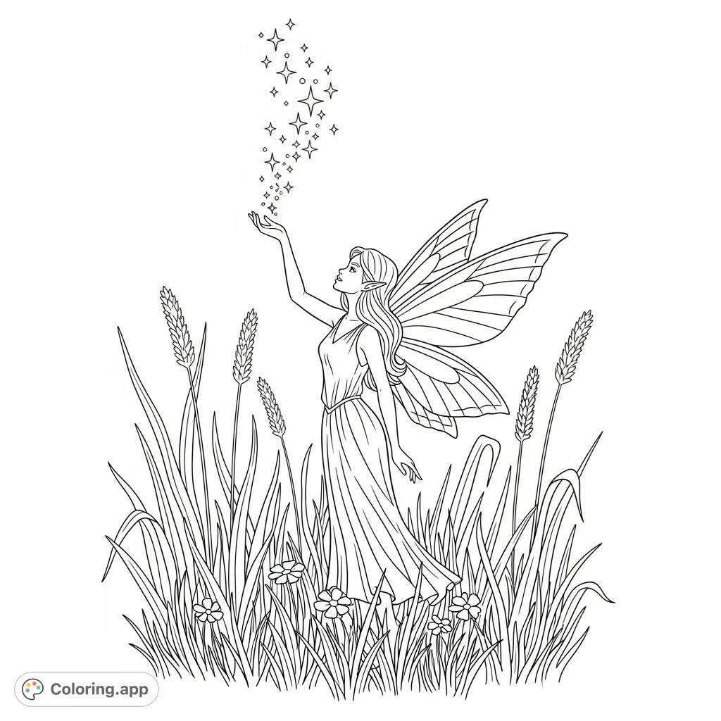 A magical fairy with delicate wings sprinkles shimmering dust over a field of tall grass and wildflowers. A whimsical scene for imagination.