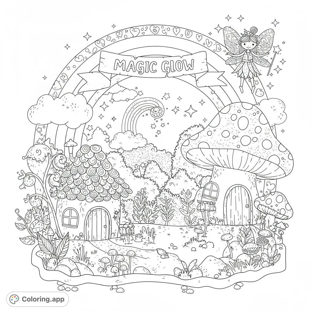 Enter a magical fairy village with charming mushroom and spiral-roof houses, a flying fairy, and a vibrant rainbow. A delightful fantasy coloring adventure!