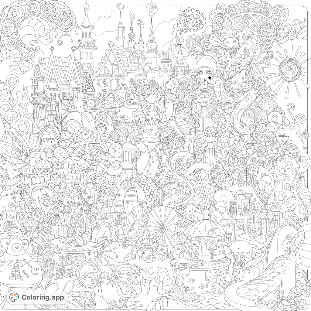 Dive into a whimsical fantasy doodle kingdom. This intricate, free printable coloring page features surreal buildings, swirling patterns, and hidden creatures for hours of fun.