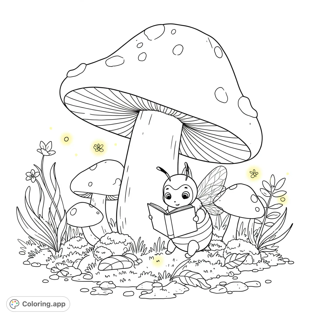 A whimsical forest scene featuring a cute bee reading under a giant mushroom, surrounded by smaller fungi and glowing fireflies. A free printable coloring page.