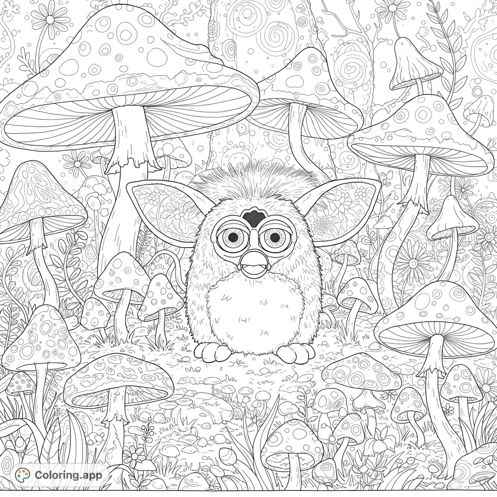 A whimsical creature with big eyes sits among a dense forest of detailed mushrooms and flowers, ready for a magical coloring adventure.