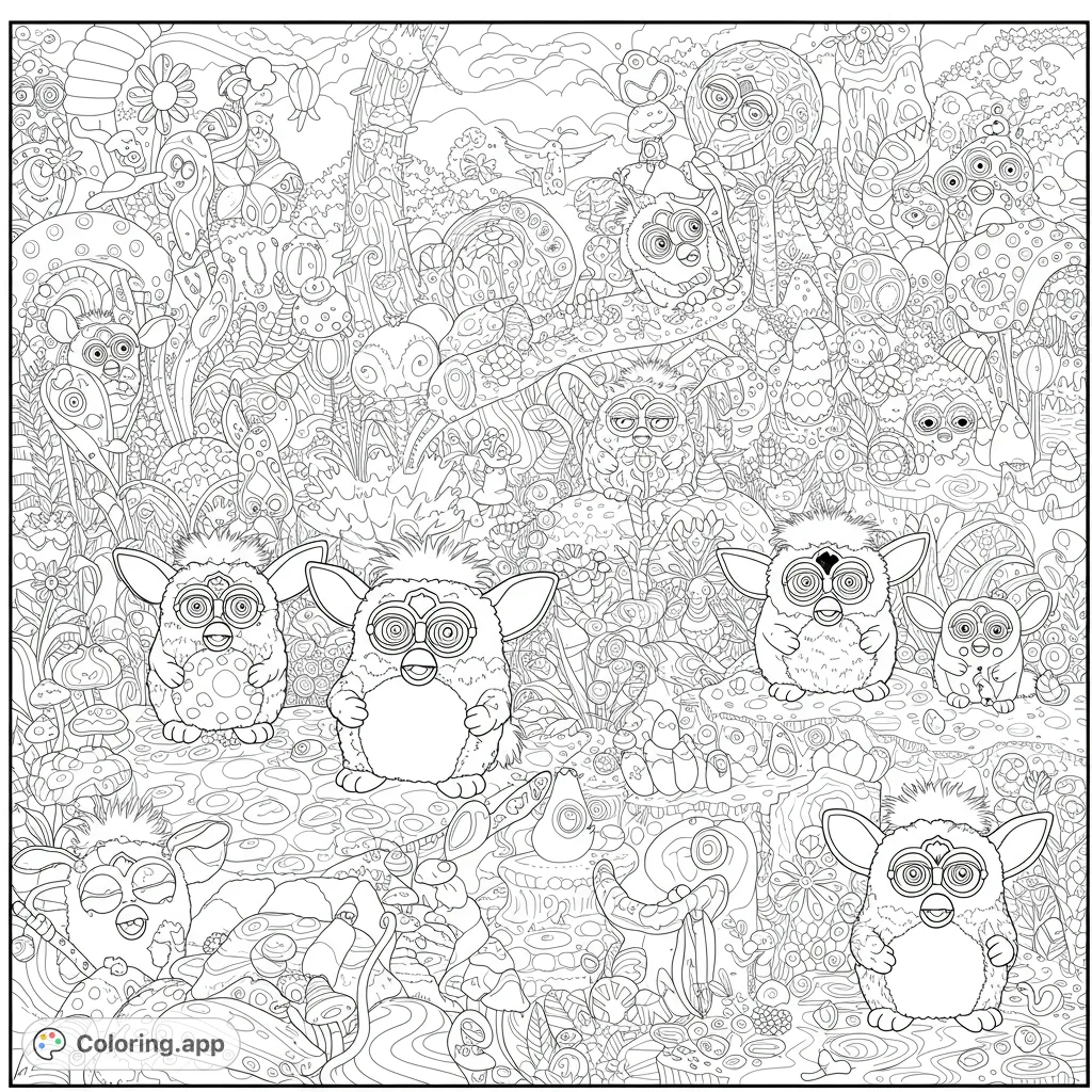 Explore a whimsical creature coloring page featuring adorable Furby-like friends in an intricate, fantastical forest. A free printable coloring page for all ages.