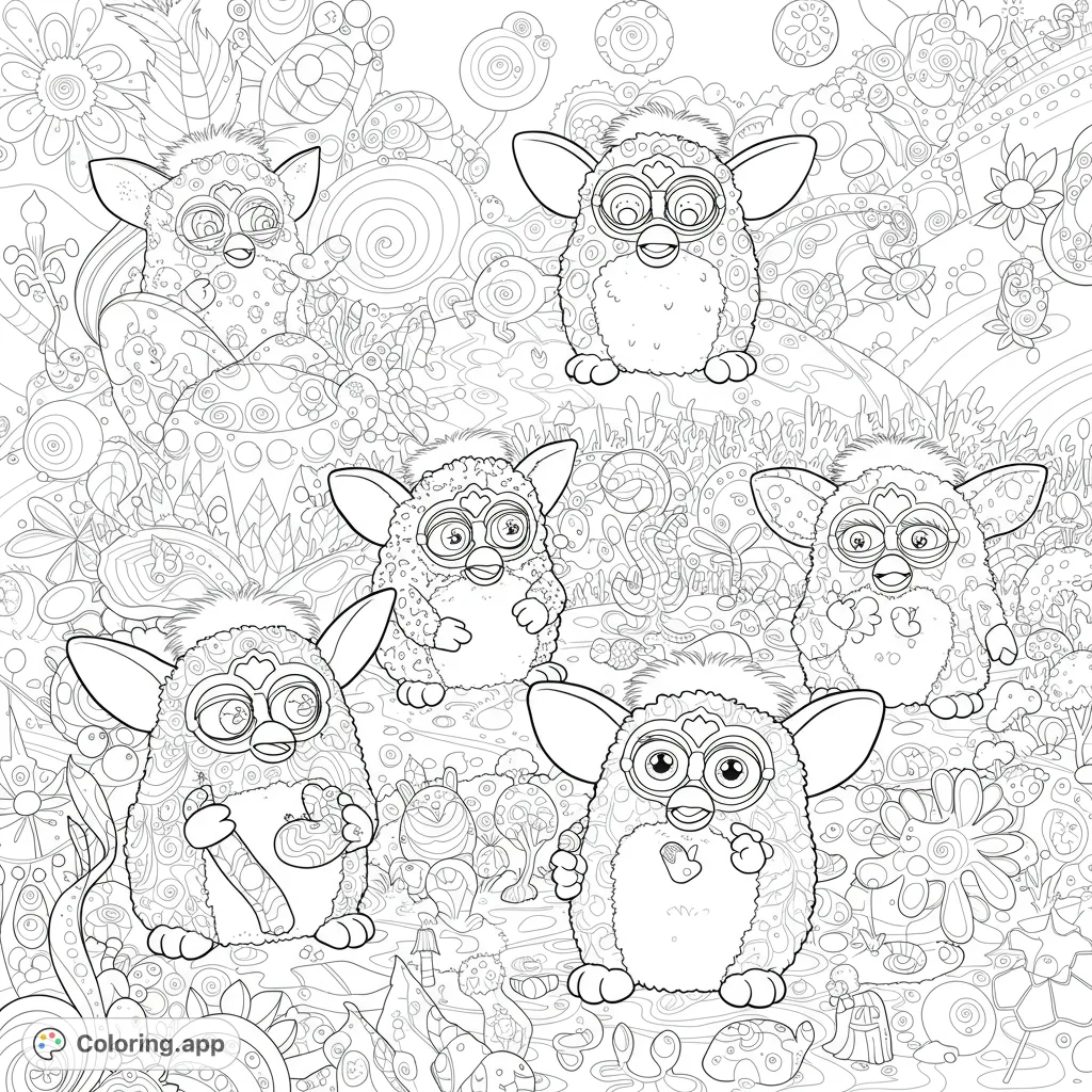Five adorable Furbies in a highly detailed, whimsical fantasy garden, perfect for a free printable coloring page for kids and adults.