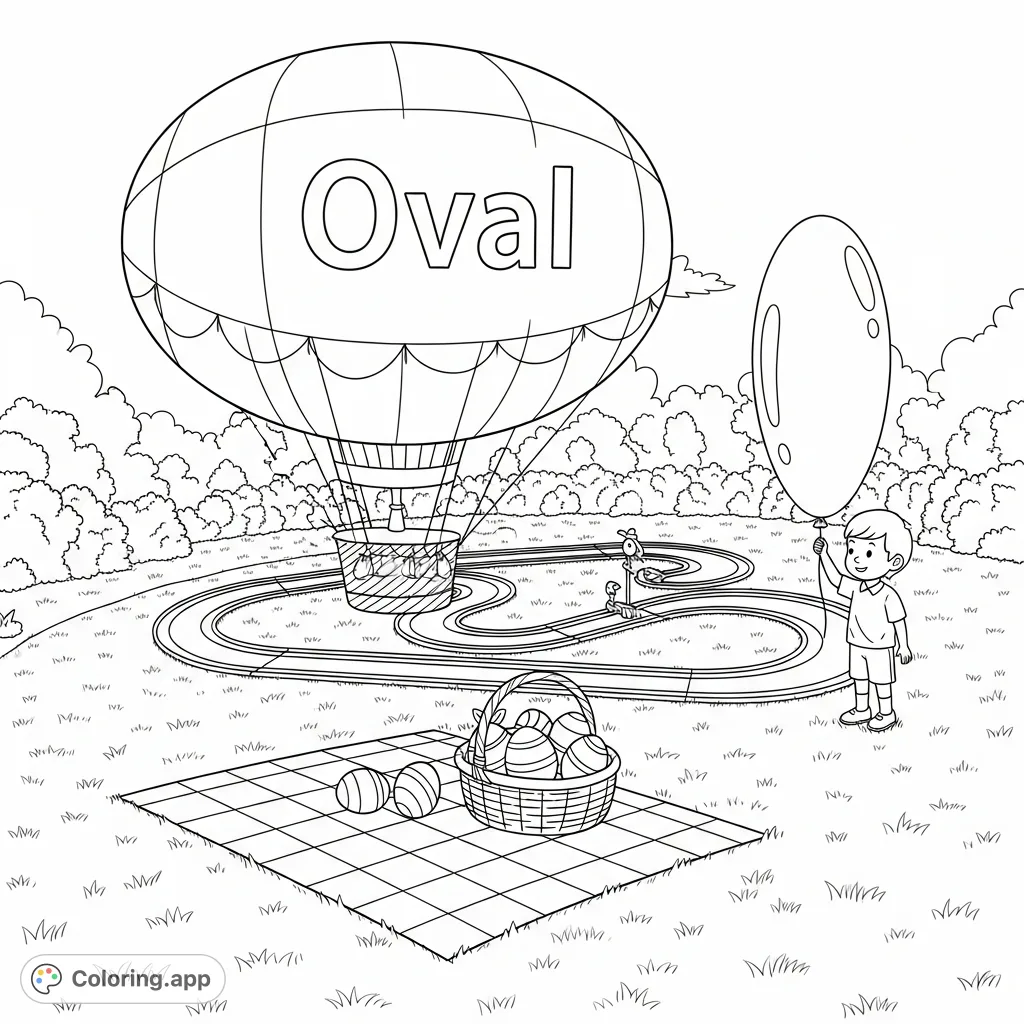 A delightful whimsical garden party featuring a giant oval hot air balloon, a picnic with oval eggs, an oval race track, and a child with an elongated balloon.