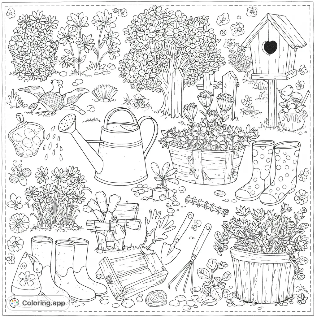 Explore a charming garden scene with a watering can, blooming flowers, garden boots, and tools. A delightful free printable garden coloring page for all ages.