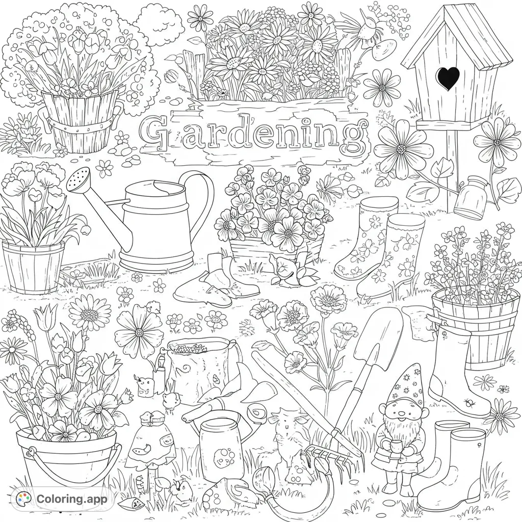 Explore a delightful gardening coloring page featuring various plants, tools, a gnome, and a birdhouse. A free printable coloring page for all ages.