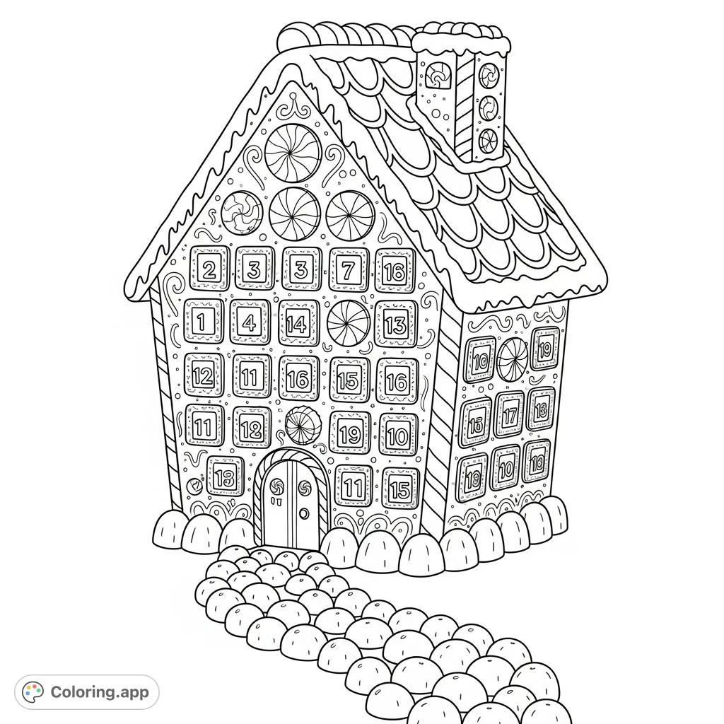 Discover a charming gingerbread house serving as an advent calendar, featuring intricate icing, candy canes, numbered windows, and a gumdrop path. Perfect for festive coloring!