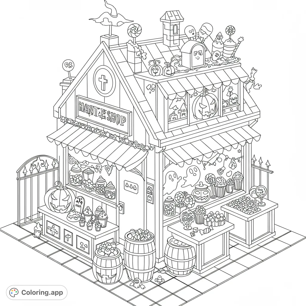 Step into a whimsical Halloween candy shop coloring page, brimming with spooky treats, pumpkins, ghosts, and delightful details for endless creative fun!