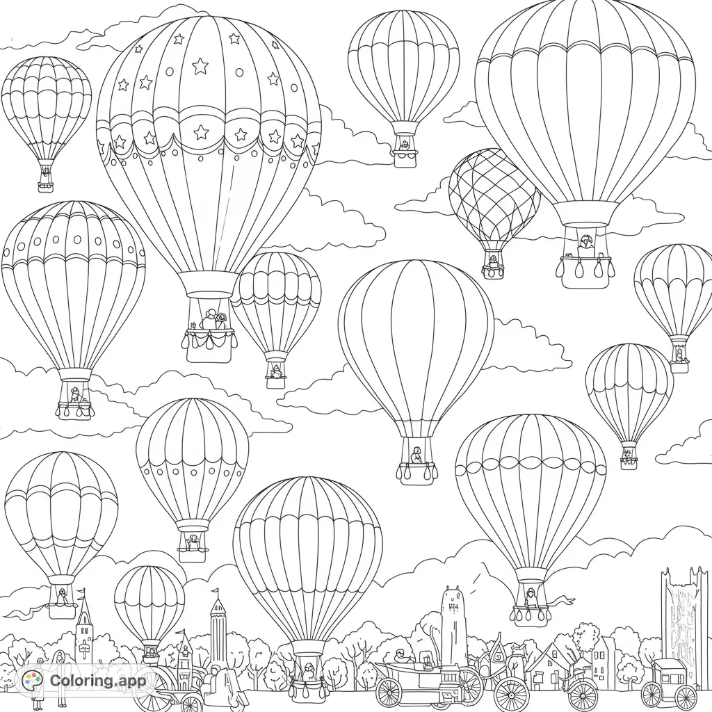 Soar through a sky filled with whimsical hot air balloons and a charming town below. A delightful free printable hot air balloon coloring page for all ages.