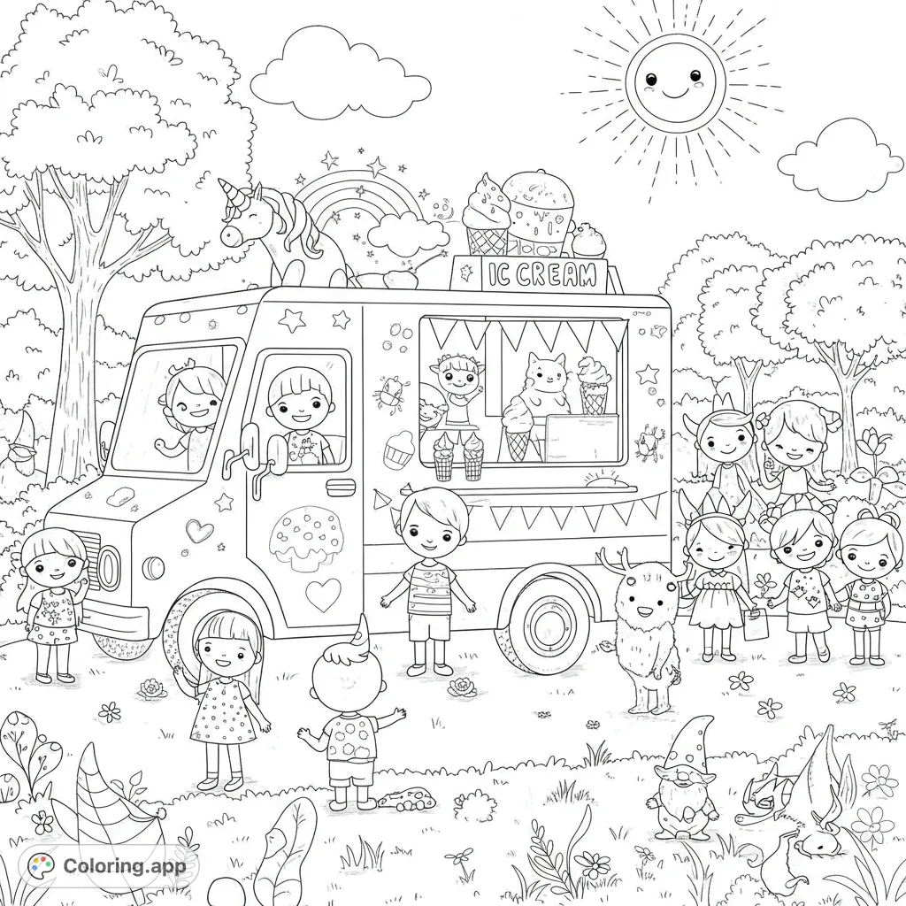 A delightful ice cream truck scene with happy kids, a unicorn, and forest friends, perfect for a fun summer coloring adventure.