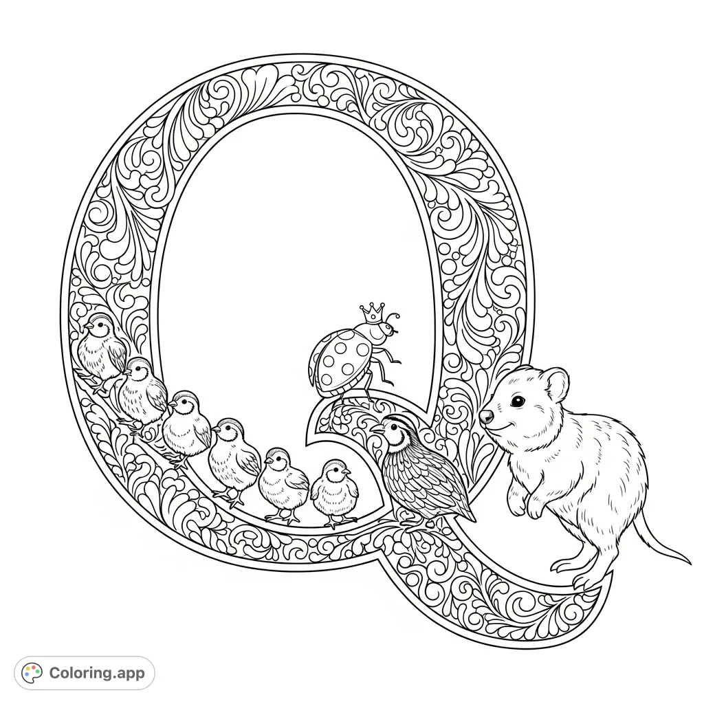 Explore a delightful Letter Q coloring page! An ornate 'Q' hosts quail chicks, a quokka, and a crown-wearing ladybug in a whimsical, detailed scene.