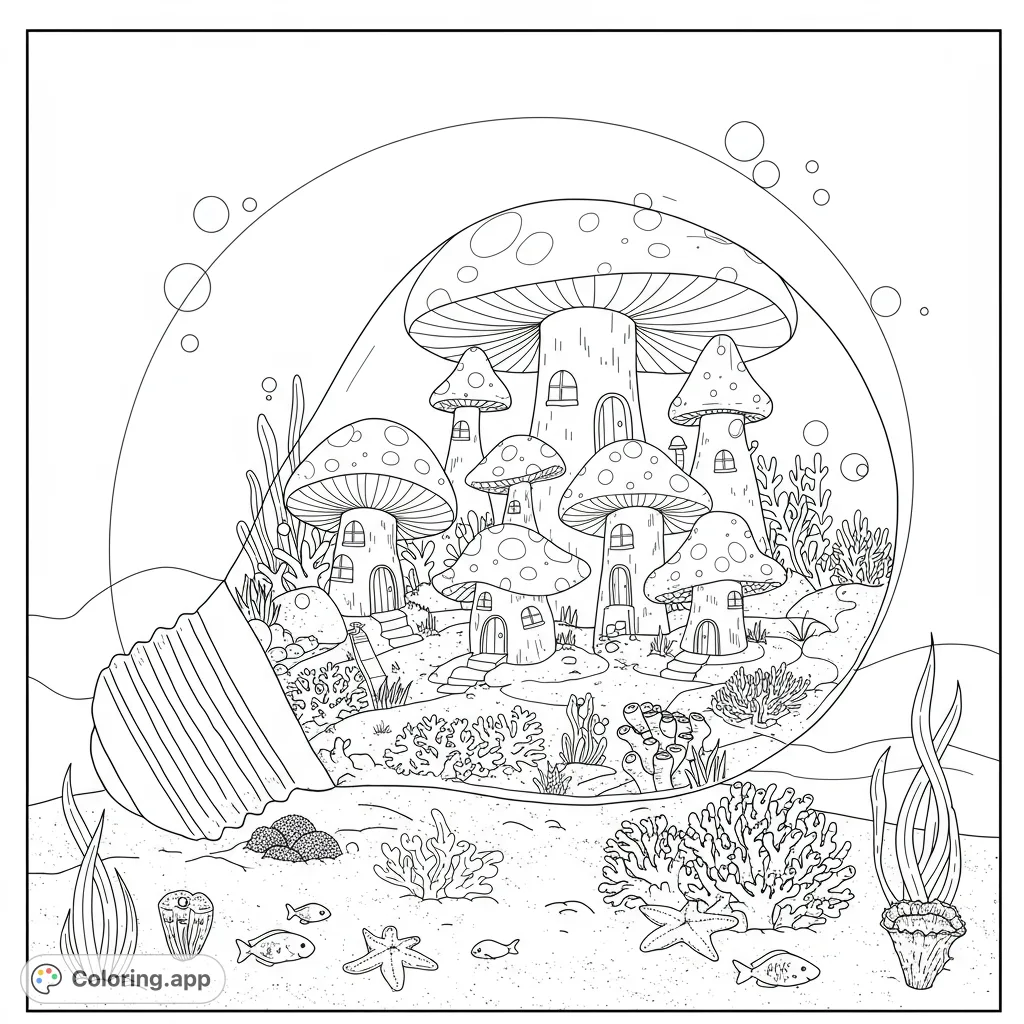 Explore a whimsical mushroom village nestled inside a lightbulb, submerged in an enchanting underwater world with fish and coral. A free printable coloring page for all ages.