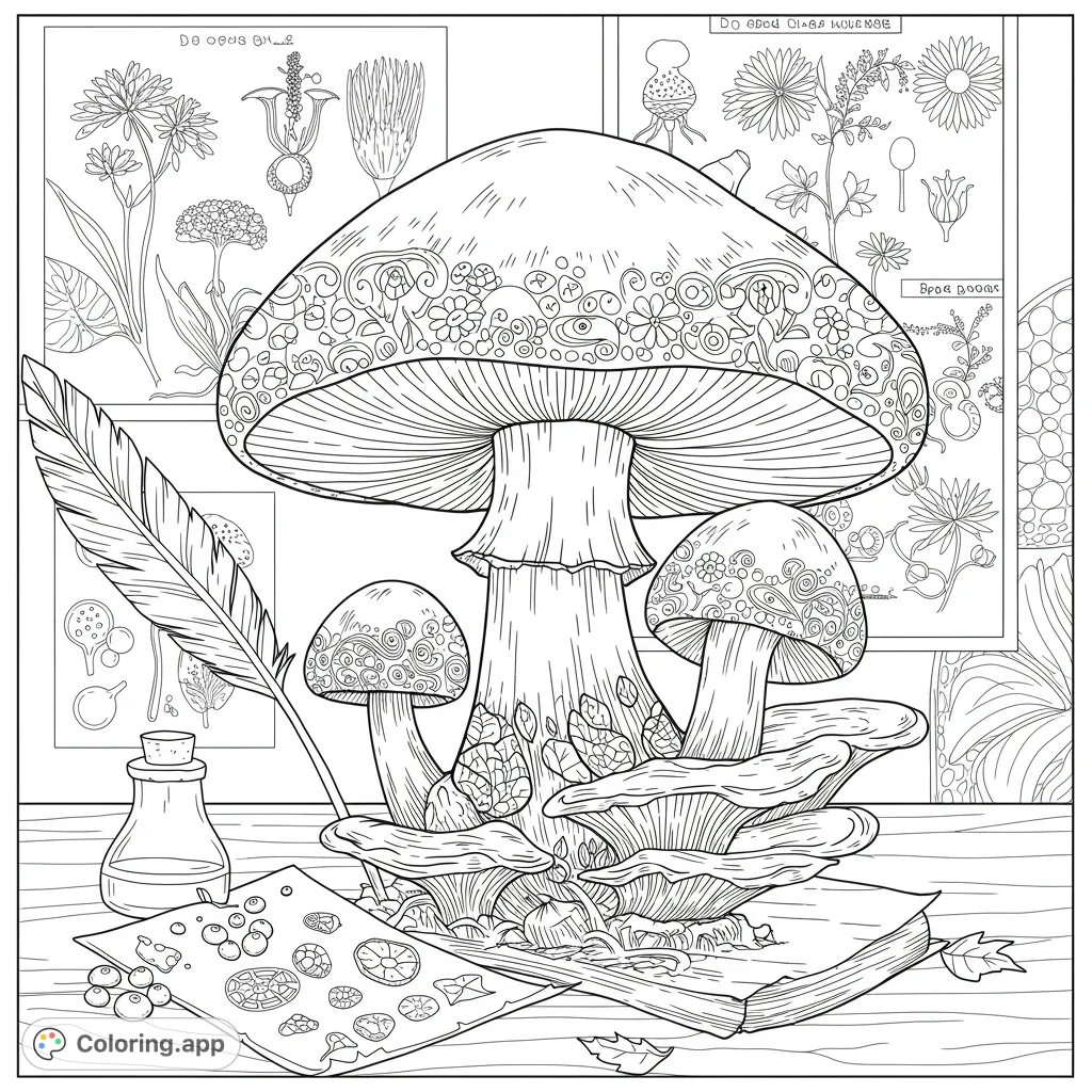 Detailed whimsical mushroom botanical study with intricate patterns, a quill, and vintage illustrations, perfect for nature and fantasy lovers.