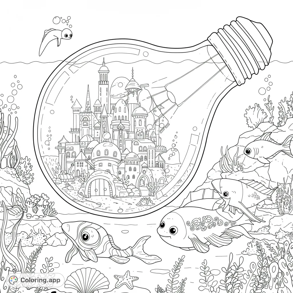 Dive into a whimsical underwater world! A detailed city thrives inside a lightbulb, surrounded by friendly fish and vibrant ocean life. A unique free printable coloring page.
