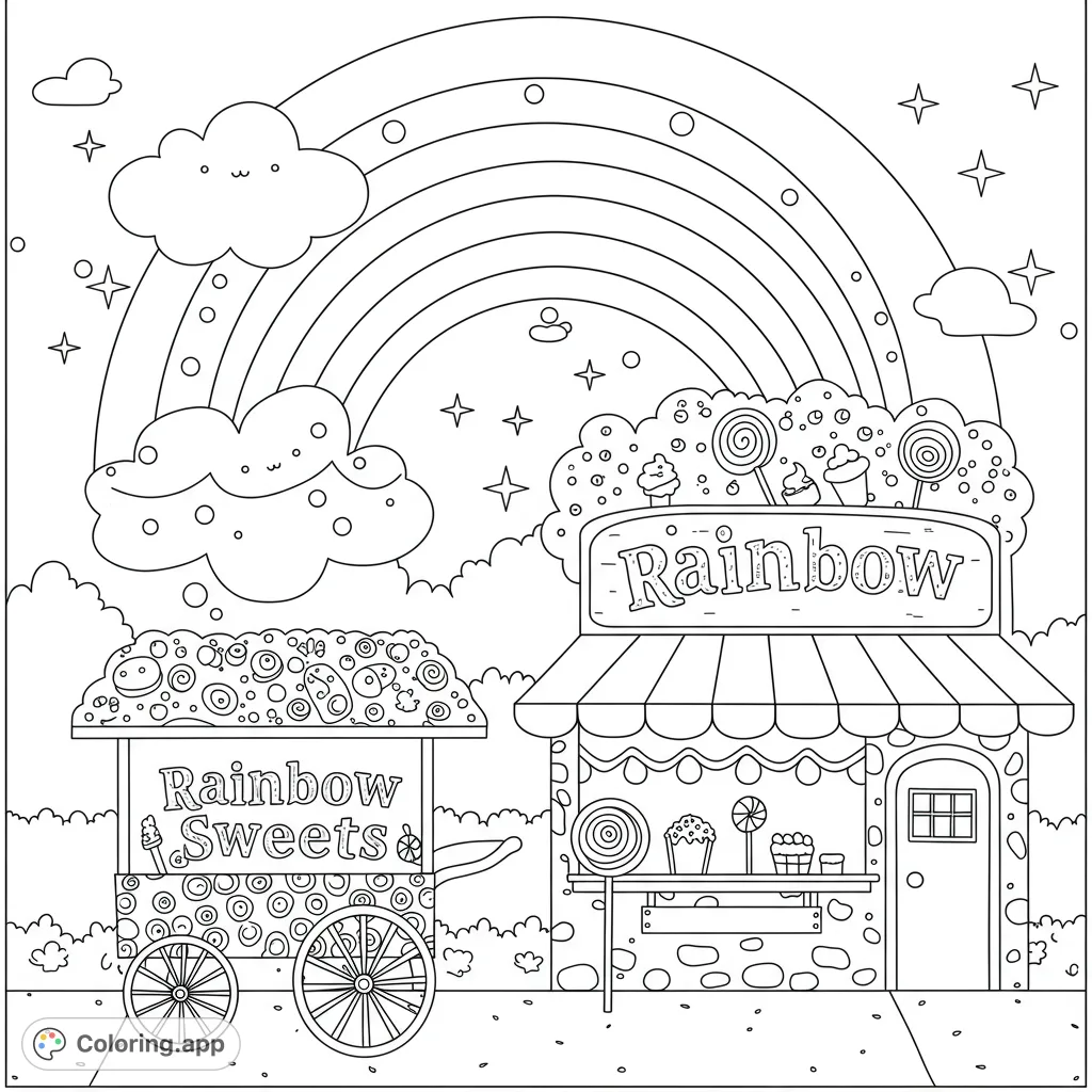 A delightful rainbow sweets coloring page featuring a charming candy shop, a sweet cart, and a vibrant rainbow. Perfect for a fun, imaginative coloring adventure.