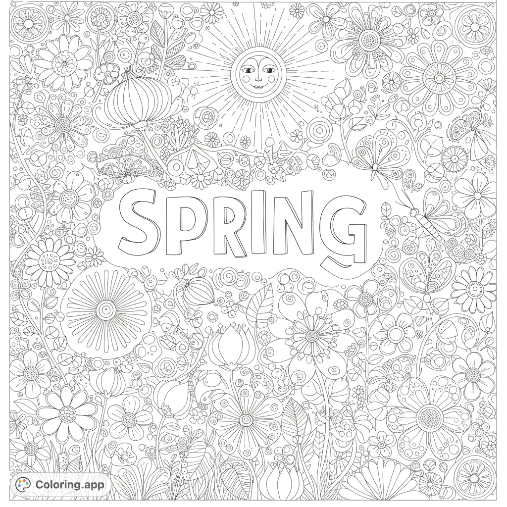 An intricate spring floral coloring page bursting with whimsical flowers, butterflies, and a smiling sun, perfect for detailed coloring.