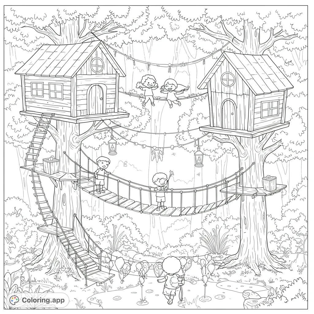 Explore a whimsical treehouse forest adventure coloring page! Kids play on rope bridges and swings amidst lush trees. A free printable coloring page for kids.