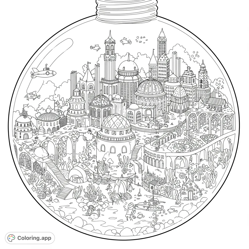 Dive into a whimsical underwater city inside a lightbulb, featuring intricate architecture, submarines, and marine life. A free printable coloring page.