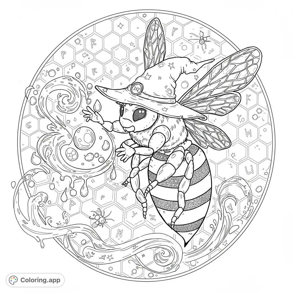 A charming witch bee conjures magic within a honeycomb circle, featuring intricate details and whimsical elements for a delightful coloring experience.