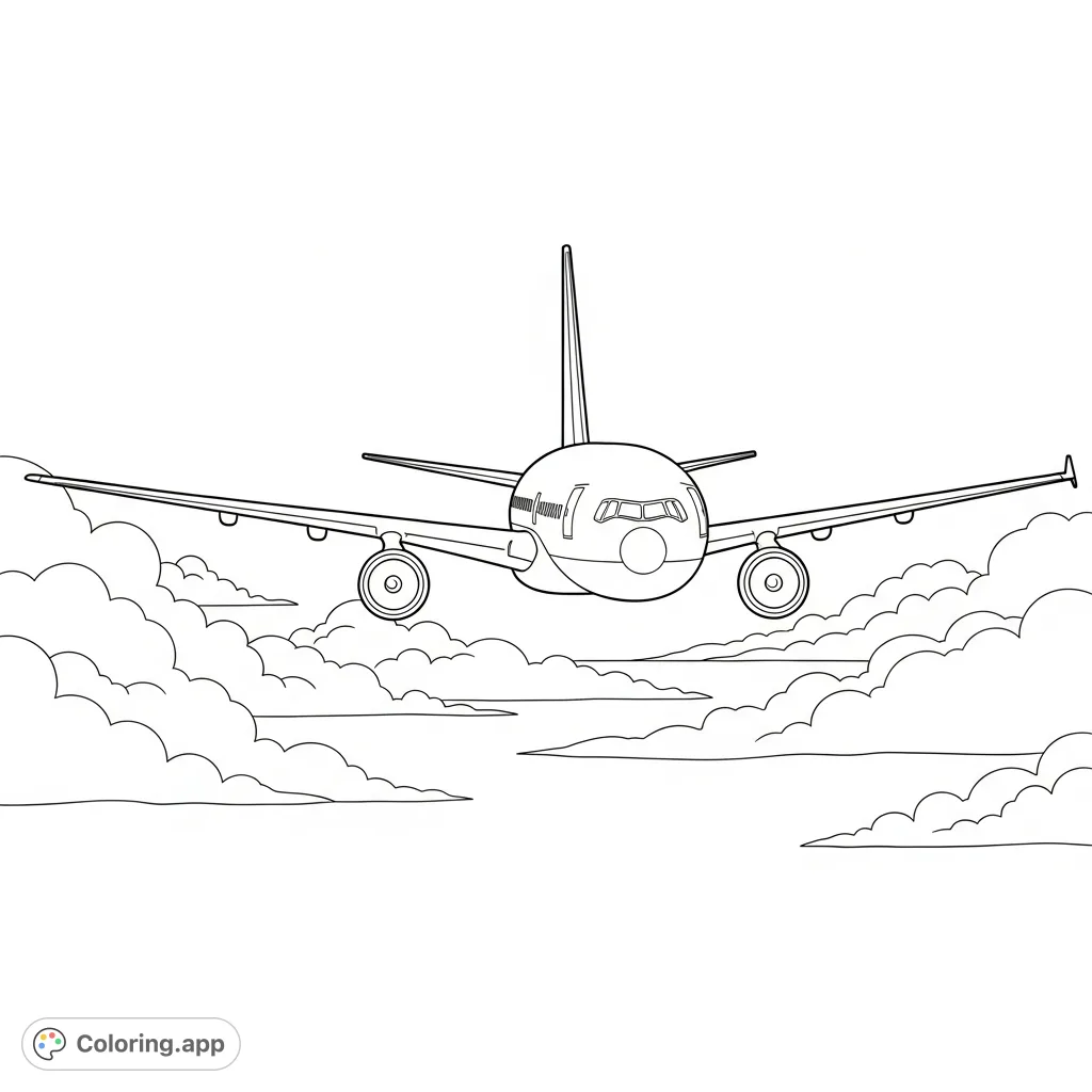 Color a majestic wide-body jet soaring above a serene cloudscape at cruising altitude. Perfect for aviation enthusiasts of all ages to enjoy.