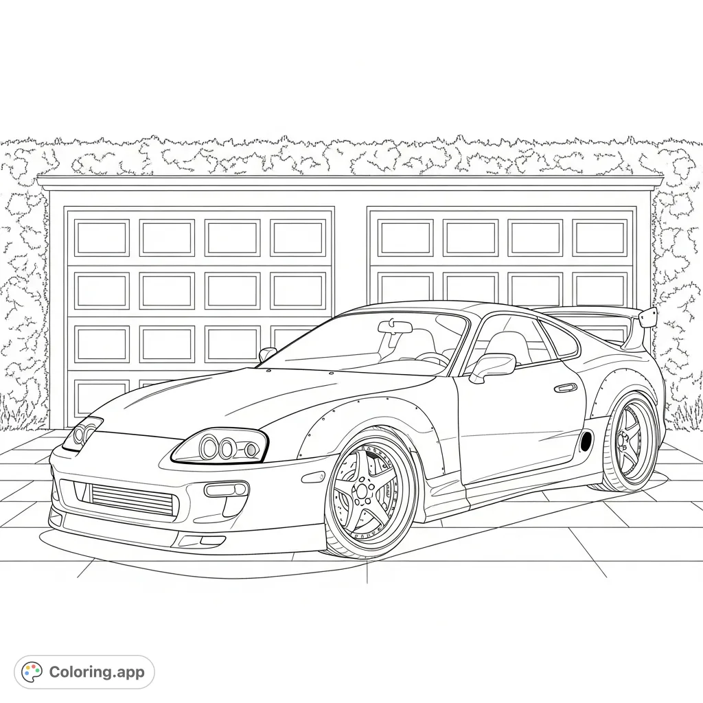 Color a detailed widebody MK4-style Supra with deep dish wheels, flared arches, and a large rear wing, parked in front of a paneled garage door and lush shrubbery.