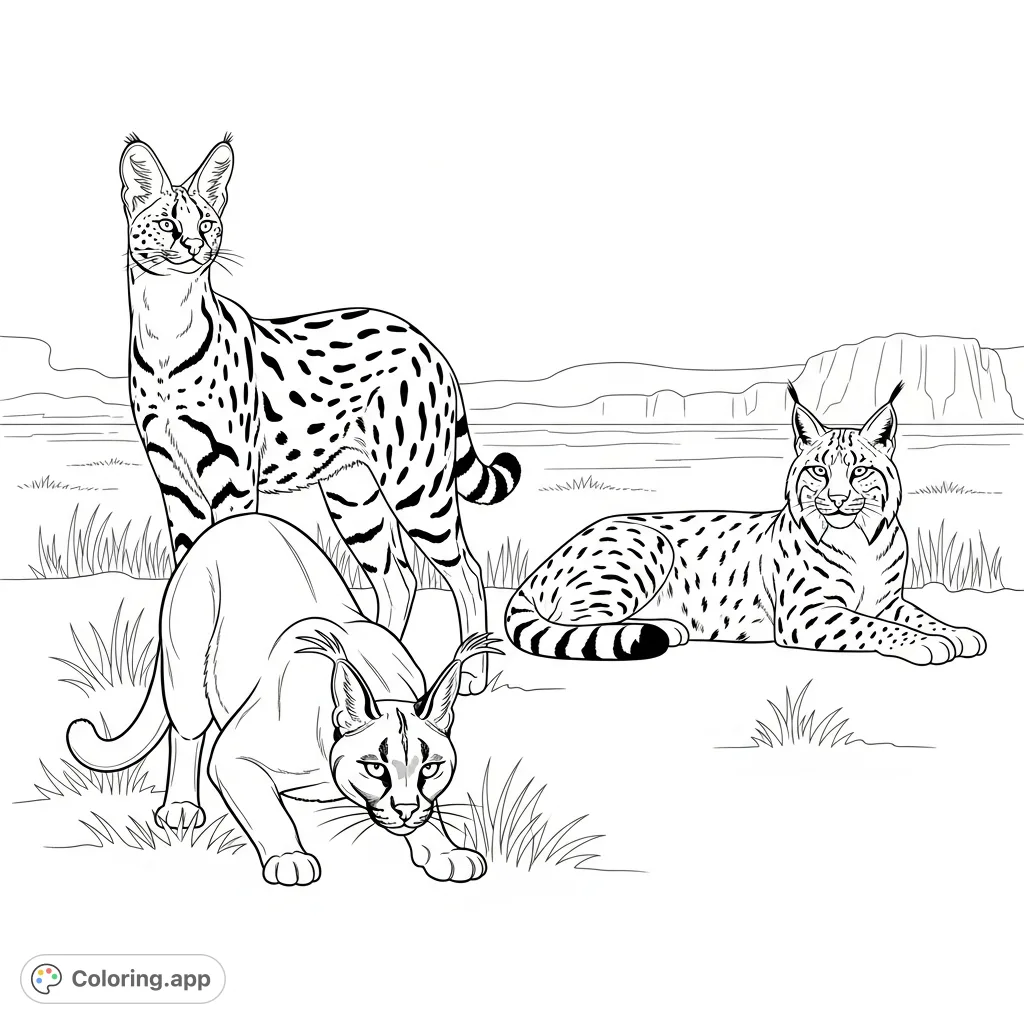 Detailed coloring page featuring a regal serval, a focused caracal, and a relaxed lynx in a balanced group composition against a minimalist savanna backdrop.