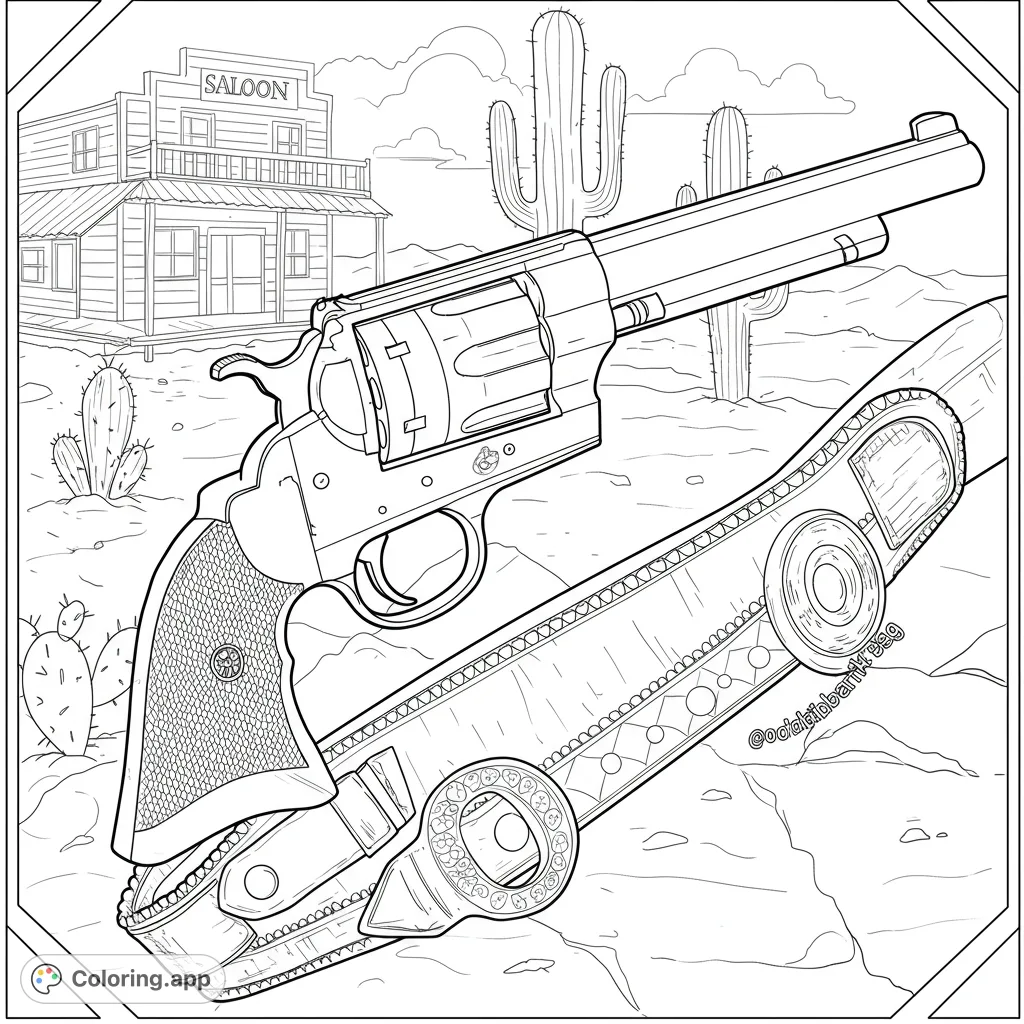 Step into the Wild West with this detailed revolver and gun belt coloring page, set against a classic saloon and desert landscape. Free printable for all ages!