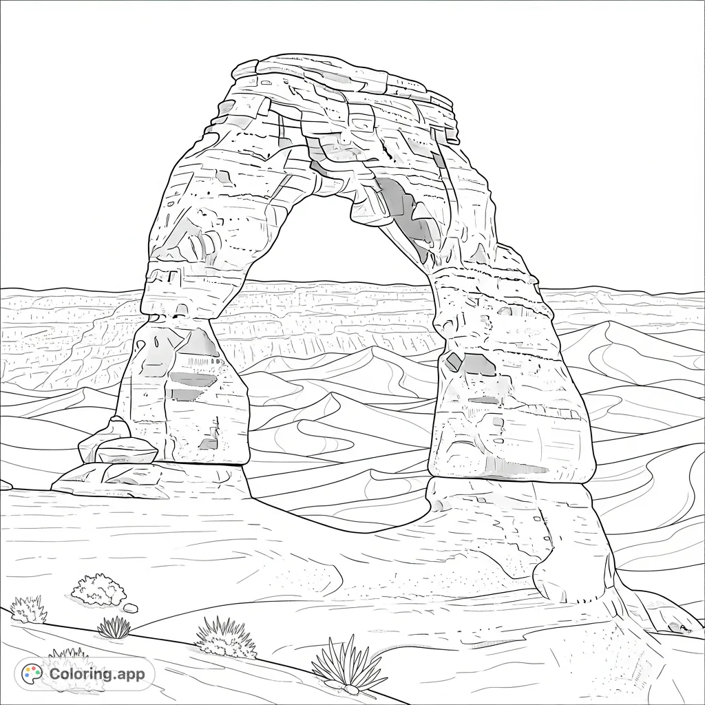 A majestic desert arch shaped by wind and time, featuring textured rock and sweeping sand lines. Explore a serene desert landscape with scattered plants.