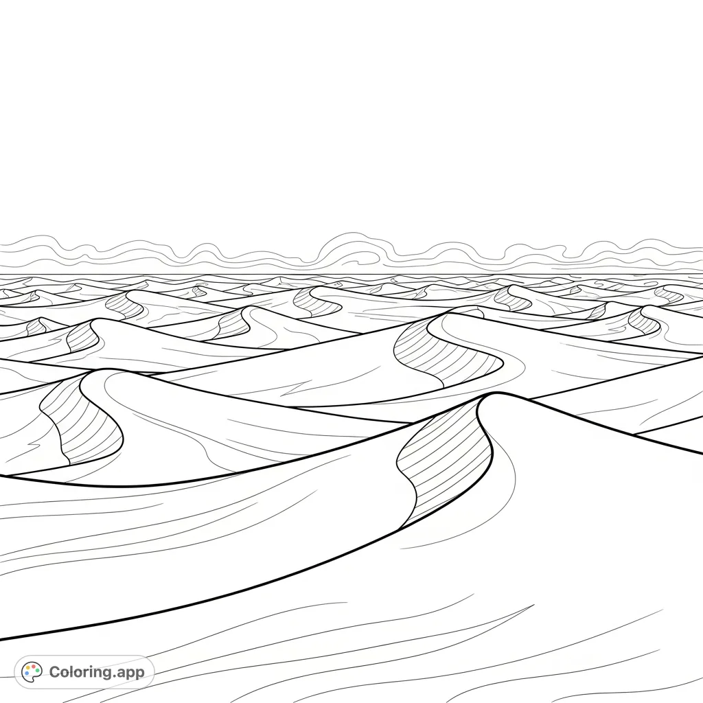 Explore a vast, wind-sculpted sand-dune field stretching towards a distant horizon, where heatwaves create a softly blurred skyline with simple, flowing curves.