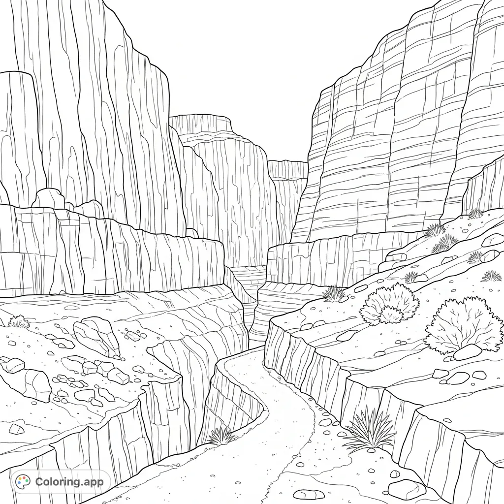 Explore a majestic winding canyon trail, framed by towering, textured cliff walls. A serene desert landscape awaits your creative touch.
